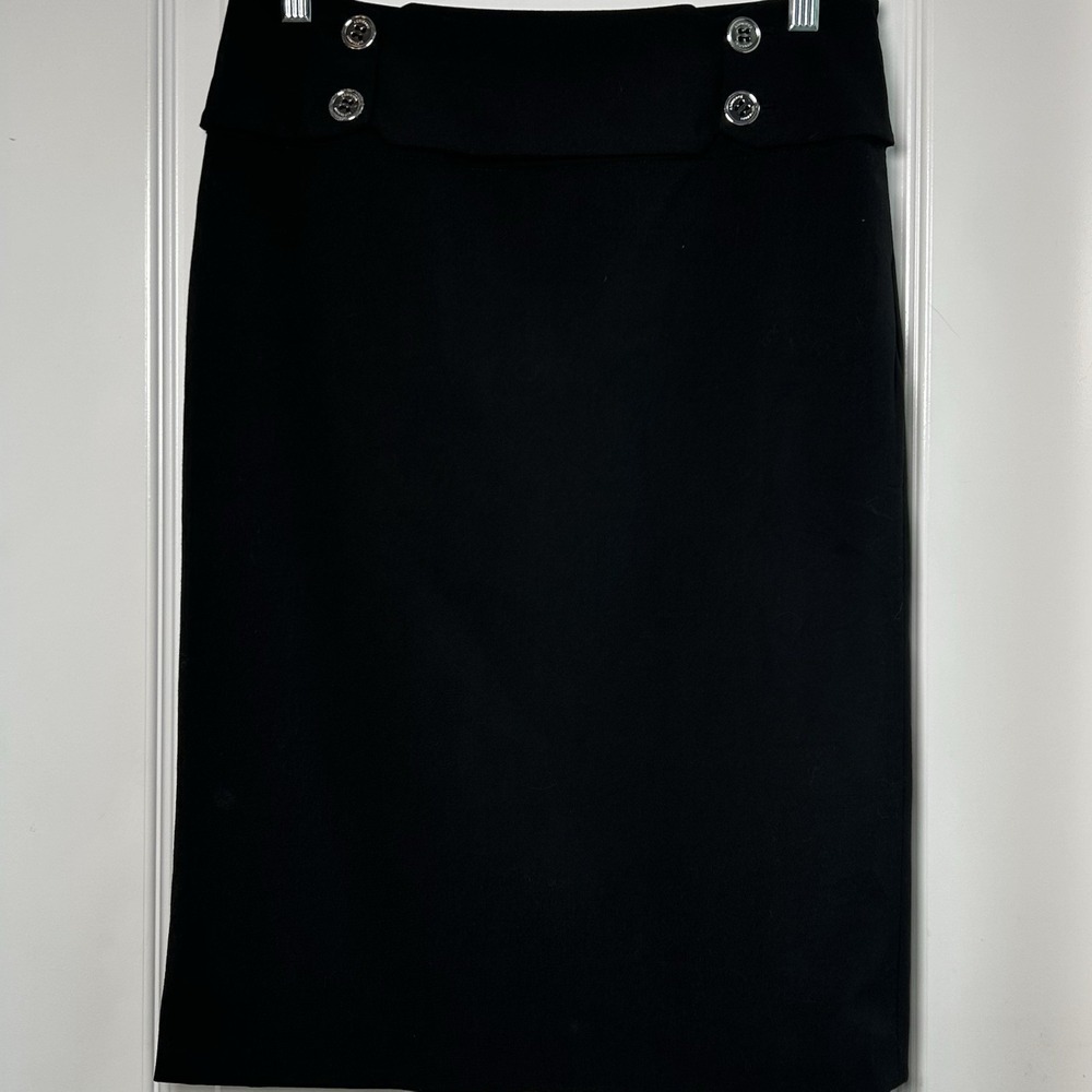 Adrienne Vittadini Studio Black Stretch Silverโ Button Detail Midi Pencil Skirt